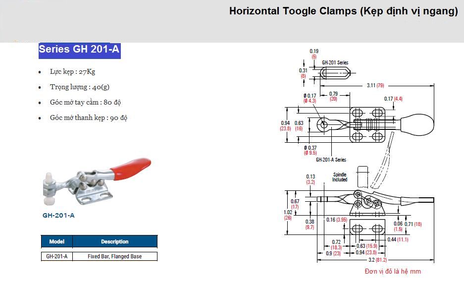 Thông số kỹ thuật Kẹp Định Vị GH 201-A