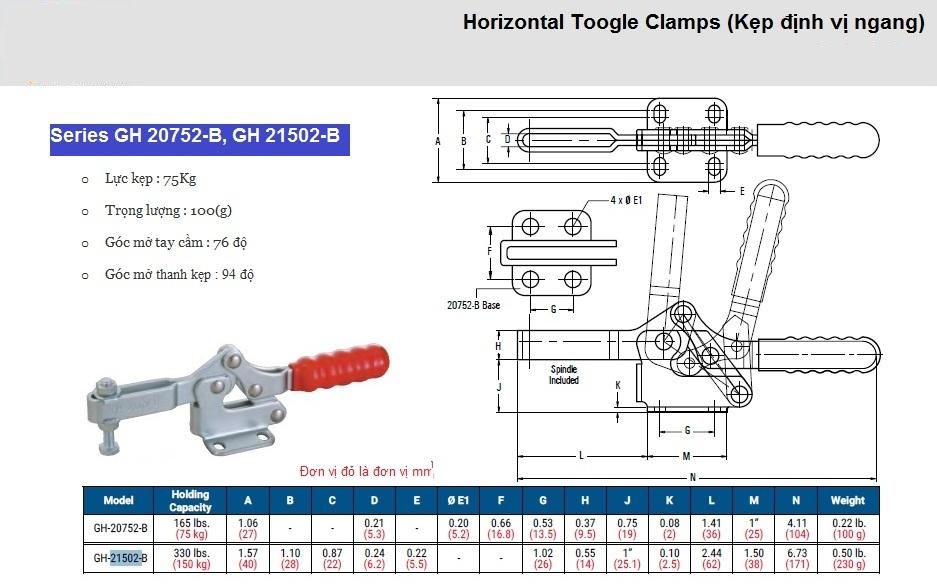 Thông số kỹ thuật Kẹp Định Vị GH 20752-B Và 21502-B