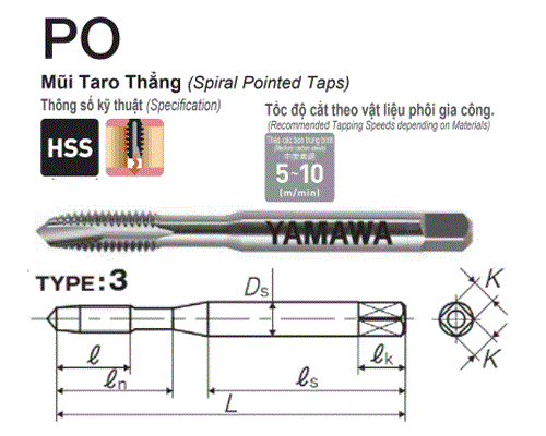 Thông số mũi taro thẳng PO Yamawa