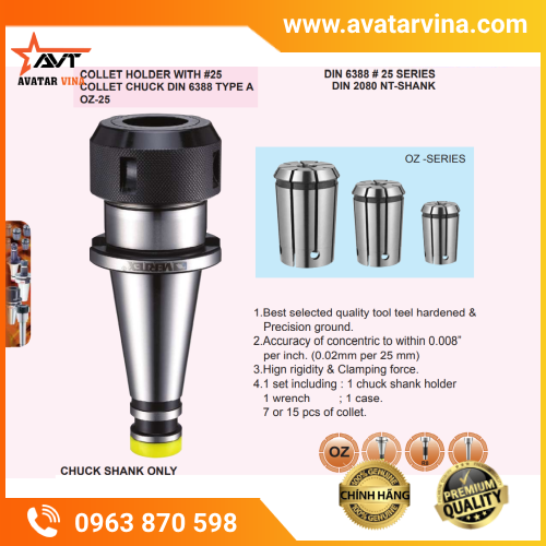 BẦU KẸP COLLET OZ25 CHUÔI MT, NT, R8