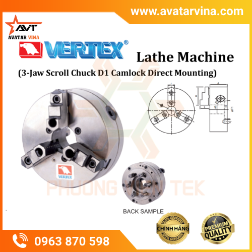 MÂM CẶP MÁY TIỆN 3 CHẤU D1 DẠNG CAMLOCK VERTEX KD5-8”, KD6-8”