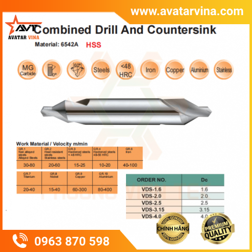 MŨI KHOAN TÂM HỢP KIM / THÉP GIÓ VERTEX SERIES VDT08, VDS (<48HRC)