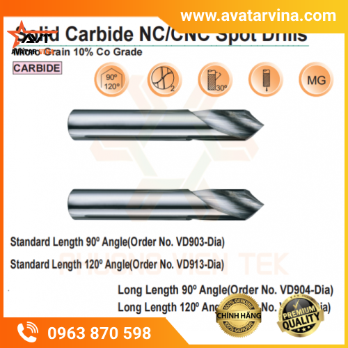MŨI KHOAN LẤY DẤU HỢP KIM VERTEX SERIES VD903, VD913, VD904, VD914 (>56HRC)