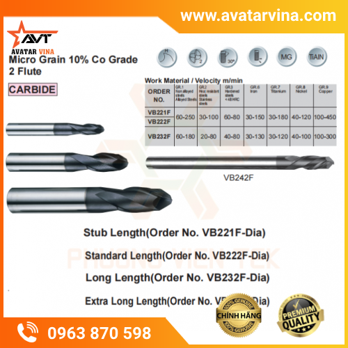 DAO PHAY CẦU HỢP KIM SERIES VB221, VB222, VB232, VB242 VERTEX (<48HRC)