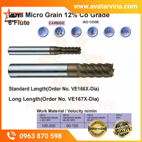 DAO PHAY NGÓN HỢP KIM 6 ME SERIES-VE166, VE167 VERTEX (<68HRC)