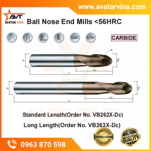 DAO PHAY CẦU HỢP KIM SERIES VB262, VB263, VBB61 VERTEX (<56HRC)