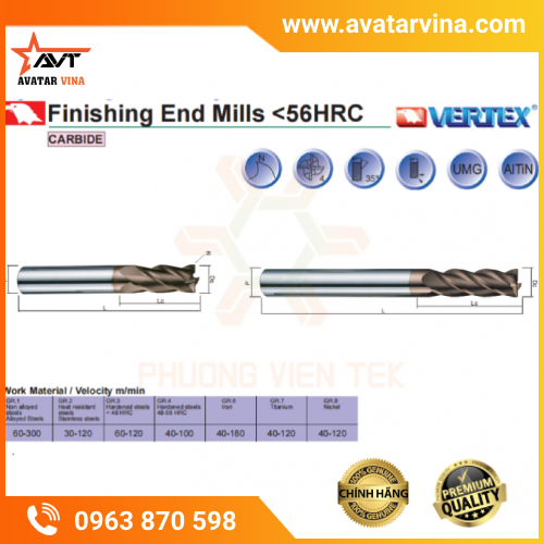 DAO PHAY NGÓN HỢP KIM CHẠY TINH 4 ME SERIES-VE164, VE165 VERTEX (<56HRC)