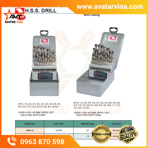 BỘ MŨI KHOAN THÉP GIÓ VERTEX HSD-10, HSD-13