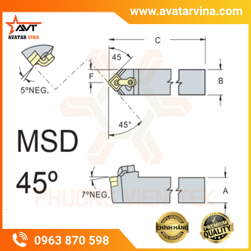 CÁN DAO TIỆN NGOÀI ĐẦU THẲNG MSD 45° GHÉP MẢNH VERTEX