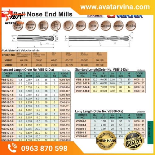 DAO PHAY CẦU HỢP KIM SERIES-VBB12, VBB80 VERTEX